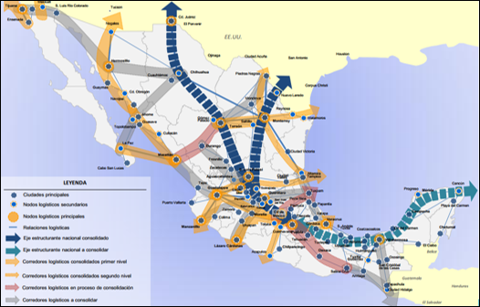 Figura 1. Red de Corredores Logísticos en México.