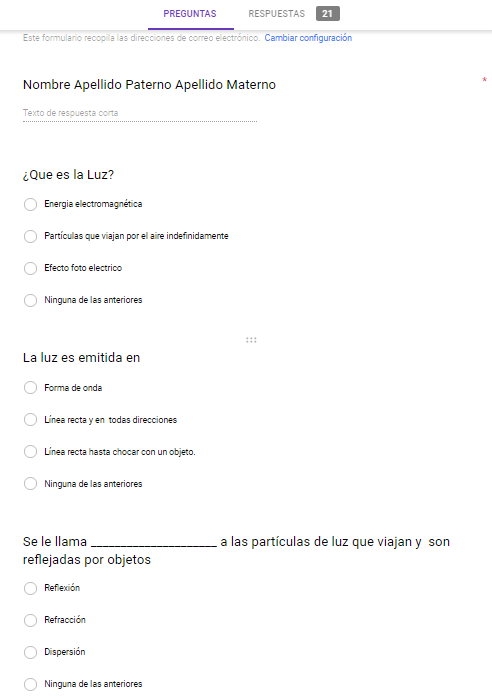 Formulario de Google Drive para determinar saberes previos, aplicado a alumnos.