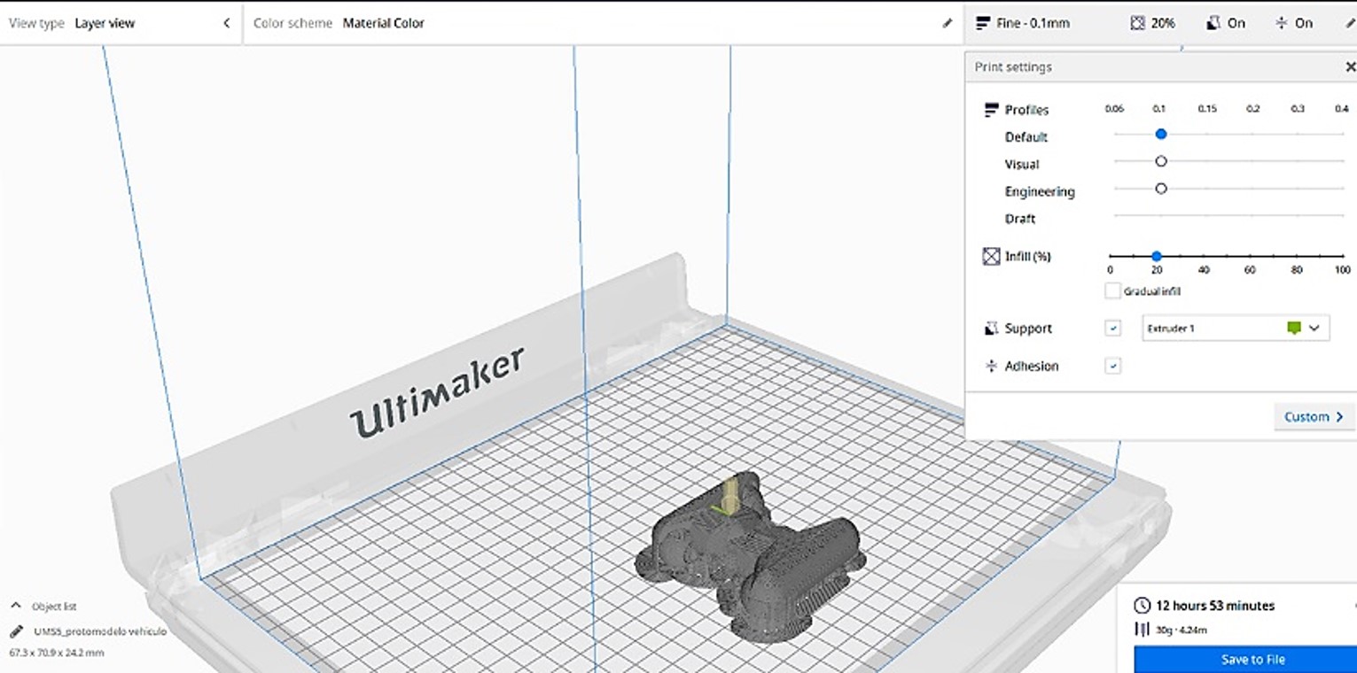 Figura 6. Emulación virtual de prototipado. Se empleó Ultimaker Cura Versión 4.6.1. Fuente: elaboración propia.