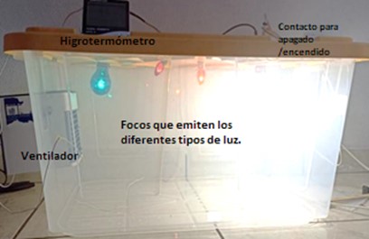 Cámara de germinación terminada, la cual contiene focos con diferentes tipos de luz, ventilador, higrotermómetro