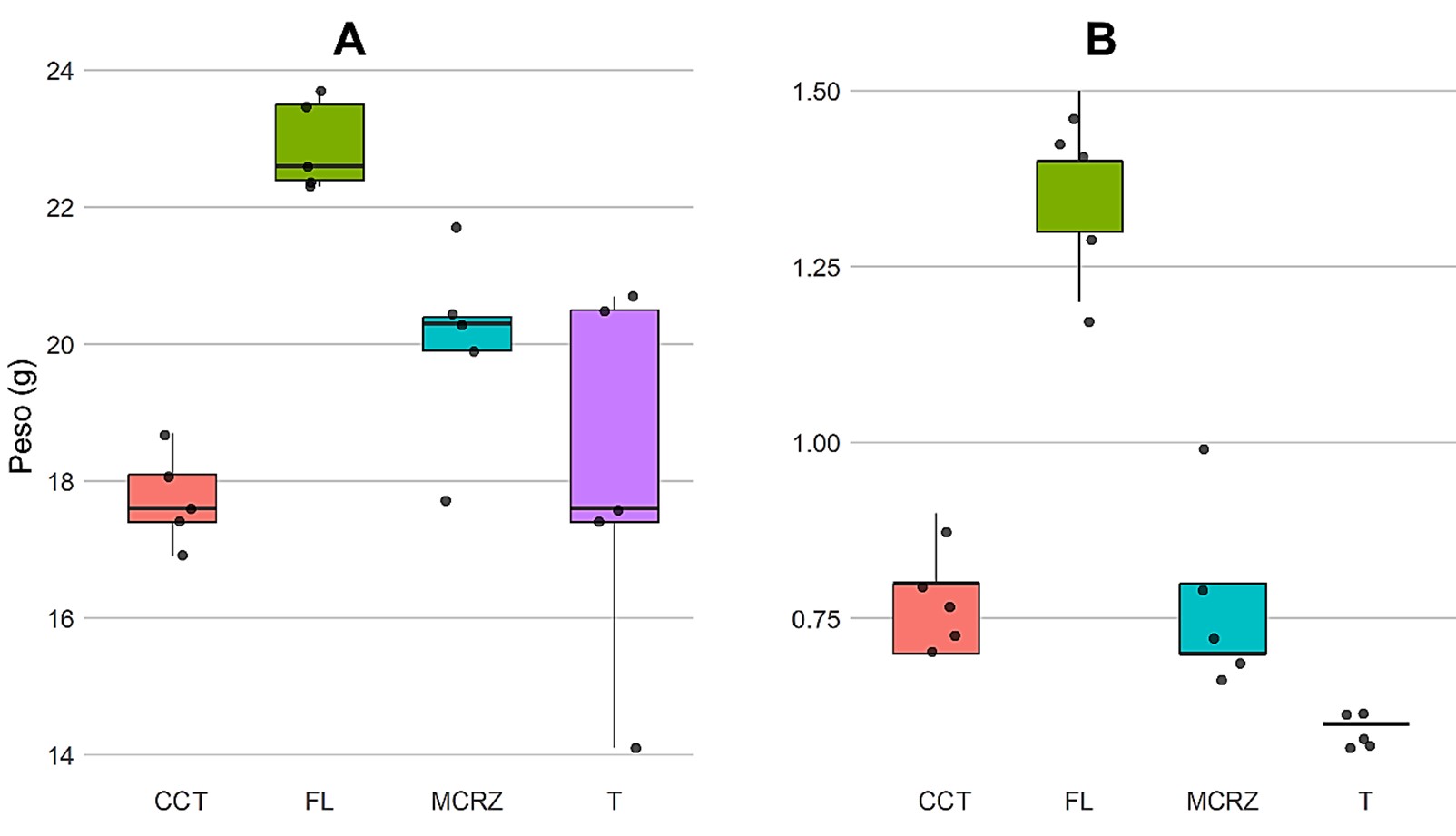 Figura 1. Evaluación de peso total de la planta con cepellón (A) y peso seco de la raíz (B).